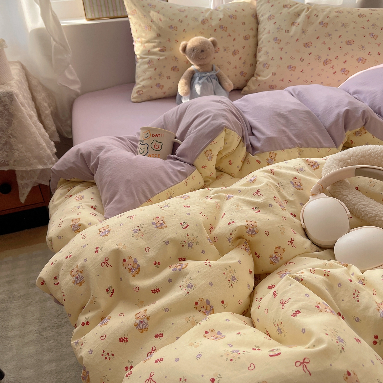 91家纺网 家纺一手货源 找家纺 沐芷 2026 【提供买家秀】古法水洗仿棉A类四件套床上用品三件套被套被罩床笠款---第一波 甜心紫熊