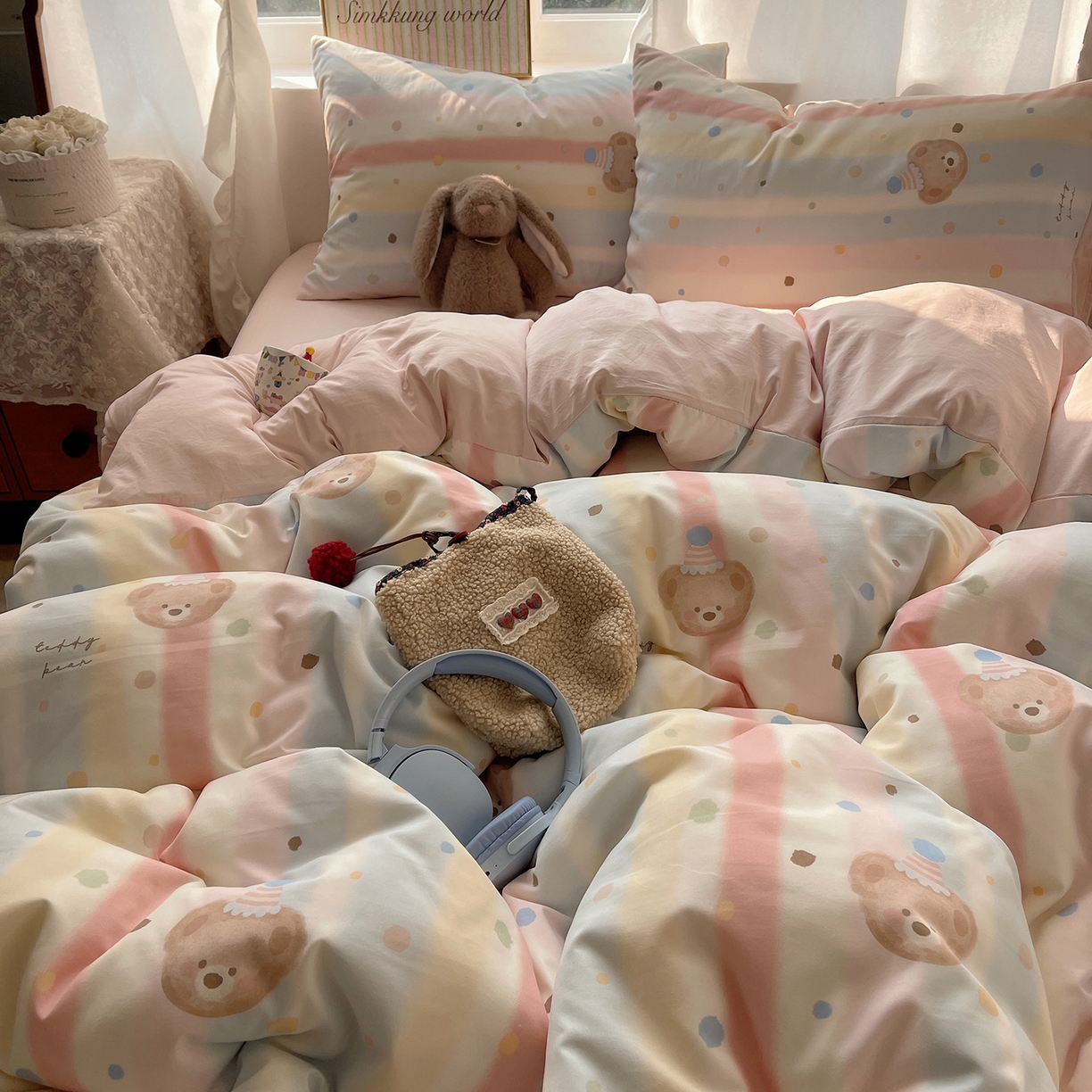 91家纺网 家纺一手货源 找家纺 沐芷 2026 【提供买家秀】古法水洗仿棉A类四件套床上用品三件套被套被罩床笠款---第一波 暖意小熊