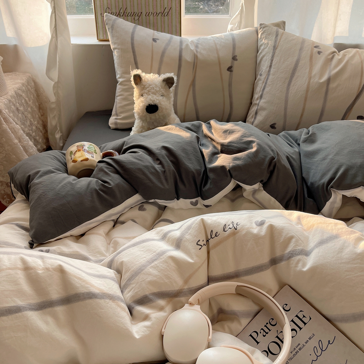 91家纺网 家纺一手货源 找家纺 沐芷 2026 【提供买家秀】古法水洗仿棉A类四件套床上用品三件套被套被罩床笠款---第一波 灰度情书