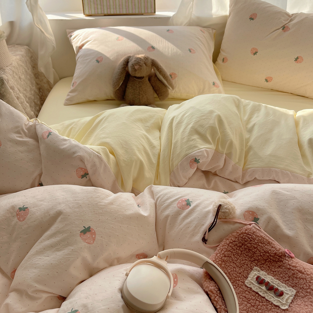 91家纺网 家纺一手货源 找家纺 沐芷 2026 【提供买家秀】古法水洗仿棉A类四件套床上用品三件套被套被罩床笠款---第一波 草莓啵啵