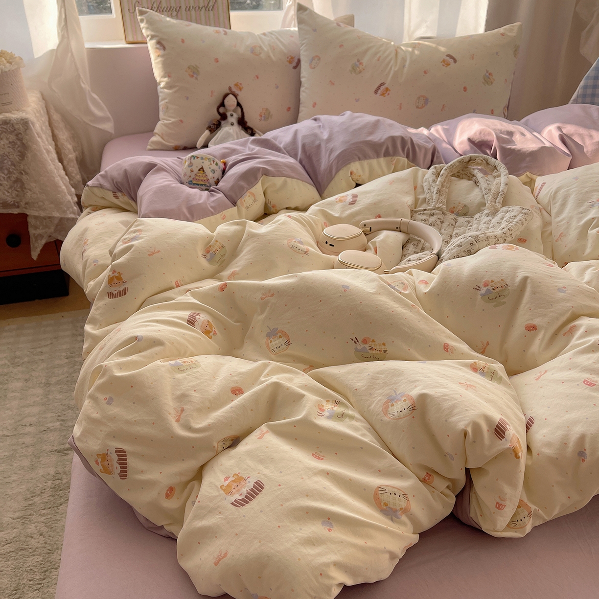 91家纺网 家纺一手货源 找家纺 沐芷 2026 【提供买家秀】古法水洗仿棉A类四件套床上用品三件套被套被罩床笠款---第一波 猫咪甜点屋