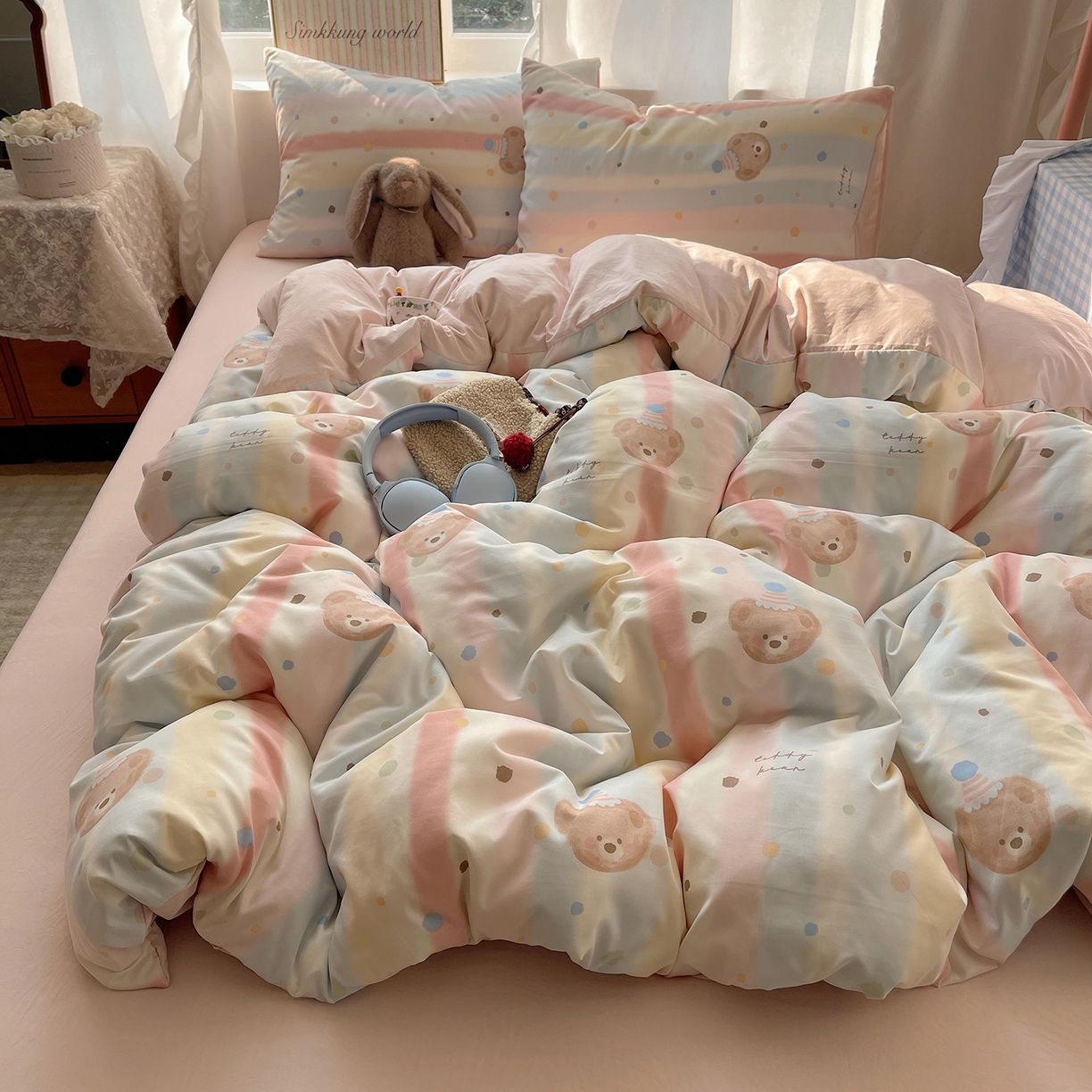 91家纺网 家纺一手货源 找家纺 沐芷 2026 【提供买家秀】古法水洗仿棉A类四件套床上用品三件套被套被罩床笠款---第一波 暖意小熊