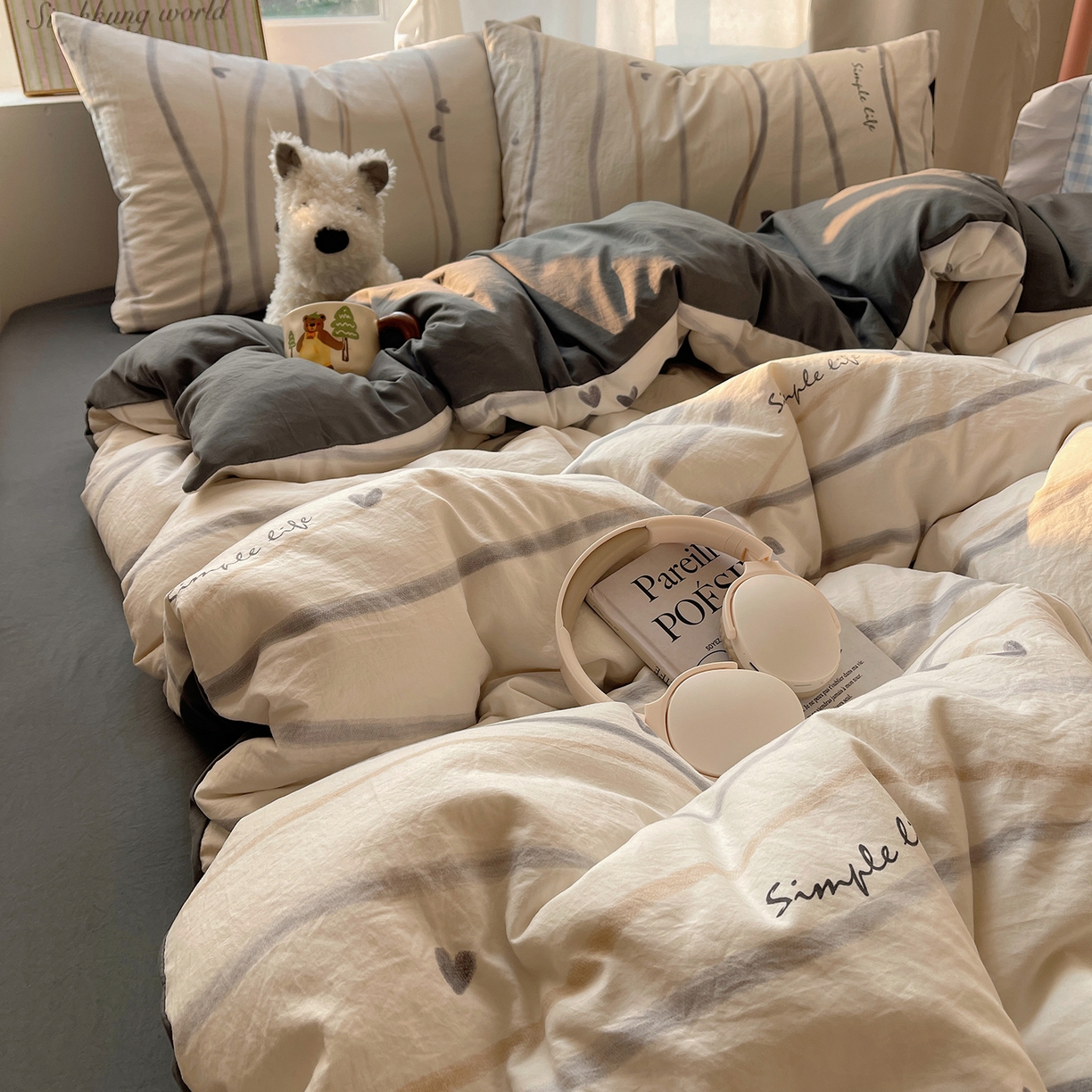 91家纺网 家纺一手货源 找家纺 沐芷 2026 【提供买家秀】古法水洗仿棉A类四件套床上用品三件套被套被罩床笠款---第一波 灰度情书