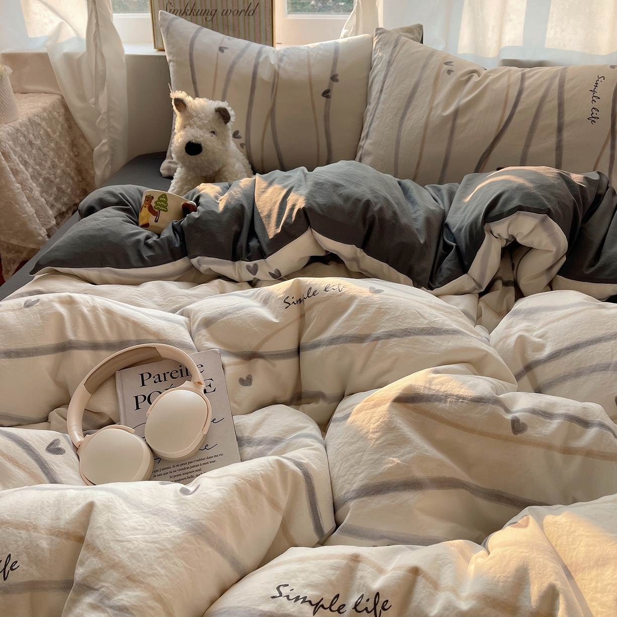 91家纺网 家纺一手货源 找家纺 沐芷 2026 【提供买家秀】古法水洗仿棉A类四件套床上用品三件套被套被罩床笠款---第一波 灰度情书