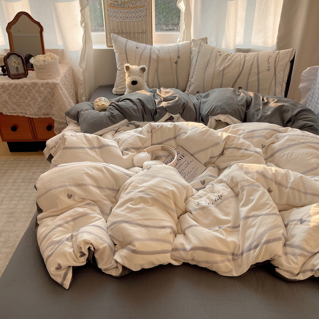 91家纺网 家纺一手货源 找家纺 沐芷 2026 【提供买家秀】古法水洗仿棉A类四件套床上用品三件套被套被罩床笠款---第一波 灰度情书