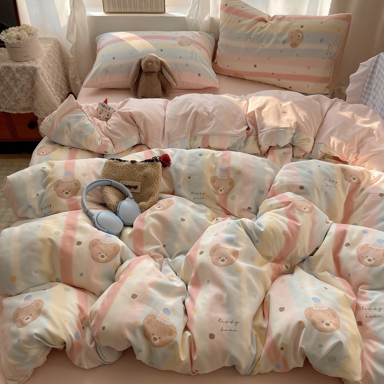 91家纺网 家纺一手货源 找家纺 沐芷 2026 【提供买家秀】古法水洗仿棉A类四件套床上用品三件套被套被罩床笠款---第一波 暖意小熊