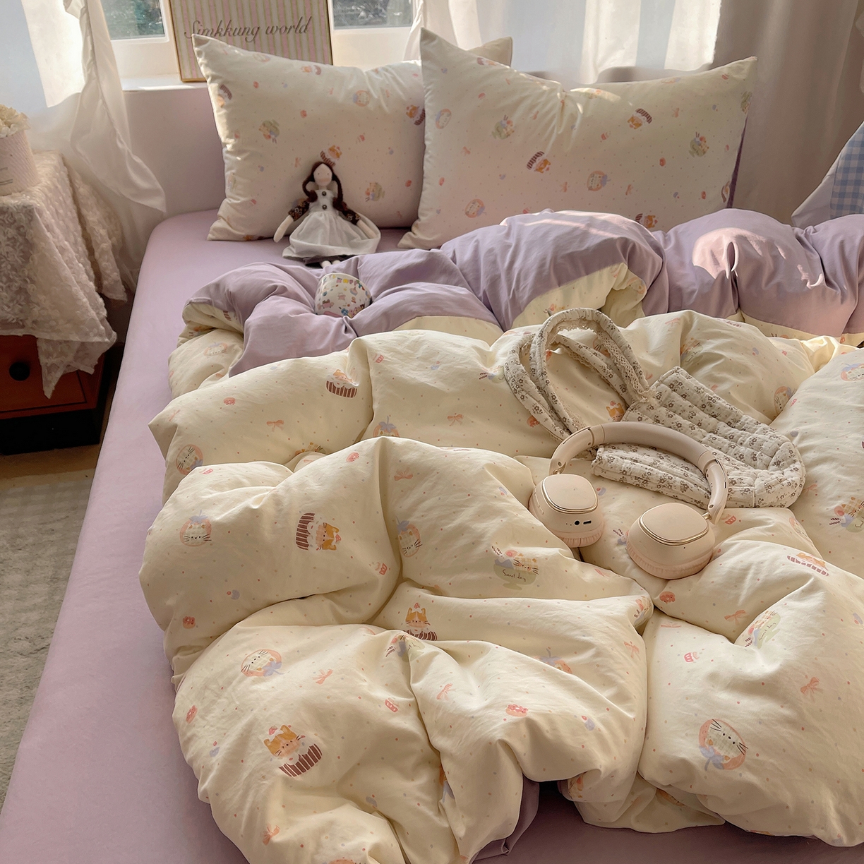 91家纺网 家纺一手货源 找家纺 沐芷 2026 【提供买家秀】古法水洗仿棉A类四件套床上用品三件套被套被罩床笠款---第一波 猫咪甜点屋