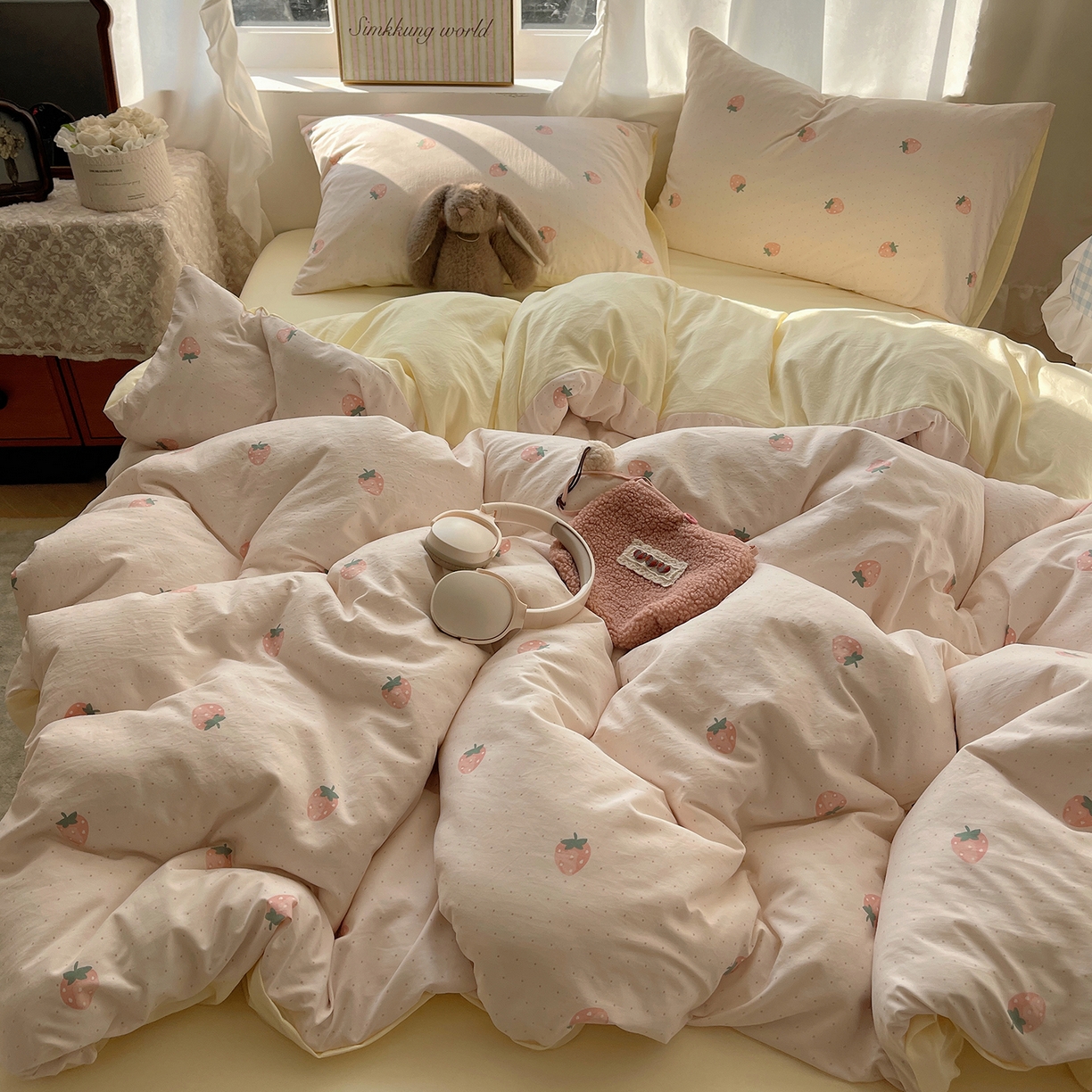 91家纺网 家纺一手货源 找家纺 沐芷 2026 【提供买家秀】古法水洗仿棉A类四件套床上用品三件套被套被罩床笠款---第一波 草莓啵啵
