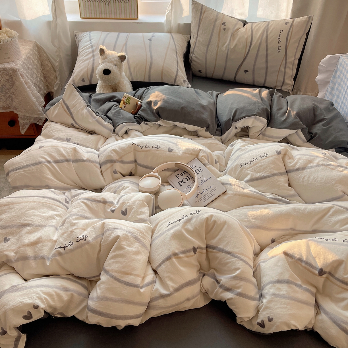 91家纺网 家纺一手货源 找家纺 沐芷 2026 【提供买家秀】古法水洗仿棉A类四件套床上用品三件套被套被罩床笠款---第一波 灰度情书