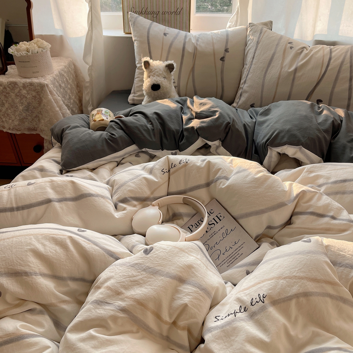 91家纺网 家纺一手货源 找家纺 沐芷 2026 【提供买家秀】古法水洗仿棉A类四件套床上用品三件套被套被罩床笠款---第一波 灰度情书