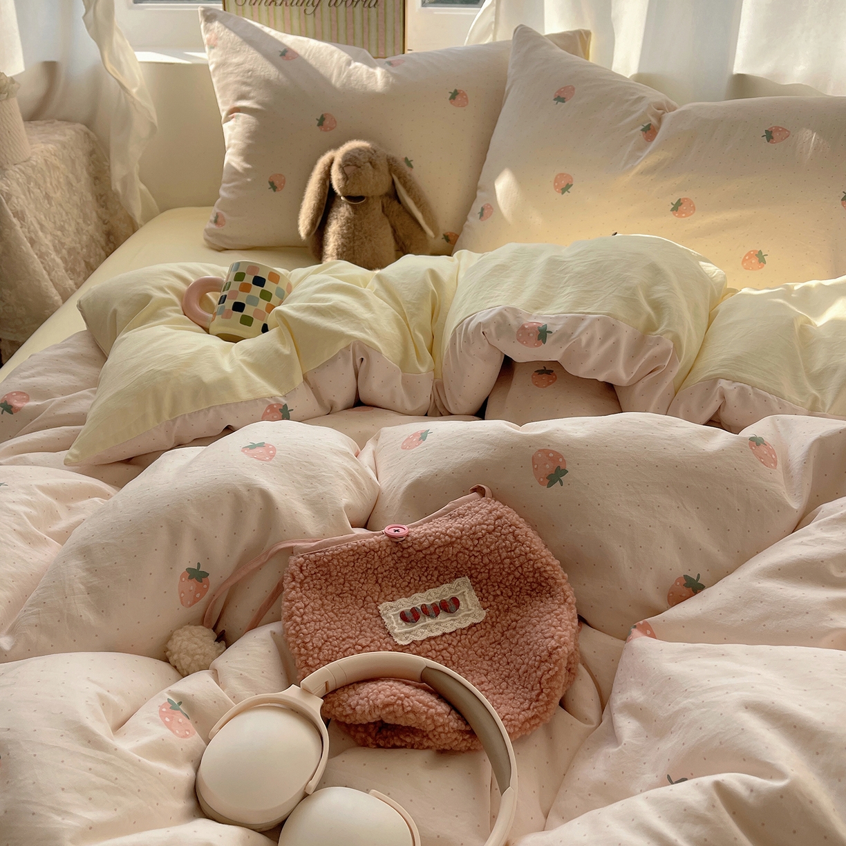 91家纺网 家纺一手货源 找家纺 沐芷 2026 【提供买家秀】古法水洗仿棉A类四件套床上用品三件套被套被罩床笠款---第一波 草莓啵啵