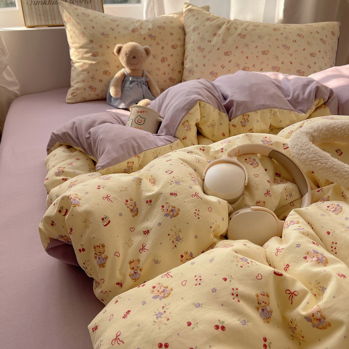 91家纺网 家纺一手货源 找家纺 沐芷 2026 【提供买家秀】古法水洗仿棉A类四件套床上用品三件套被套被罩床笠款---第一波 甜心紫熊