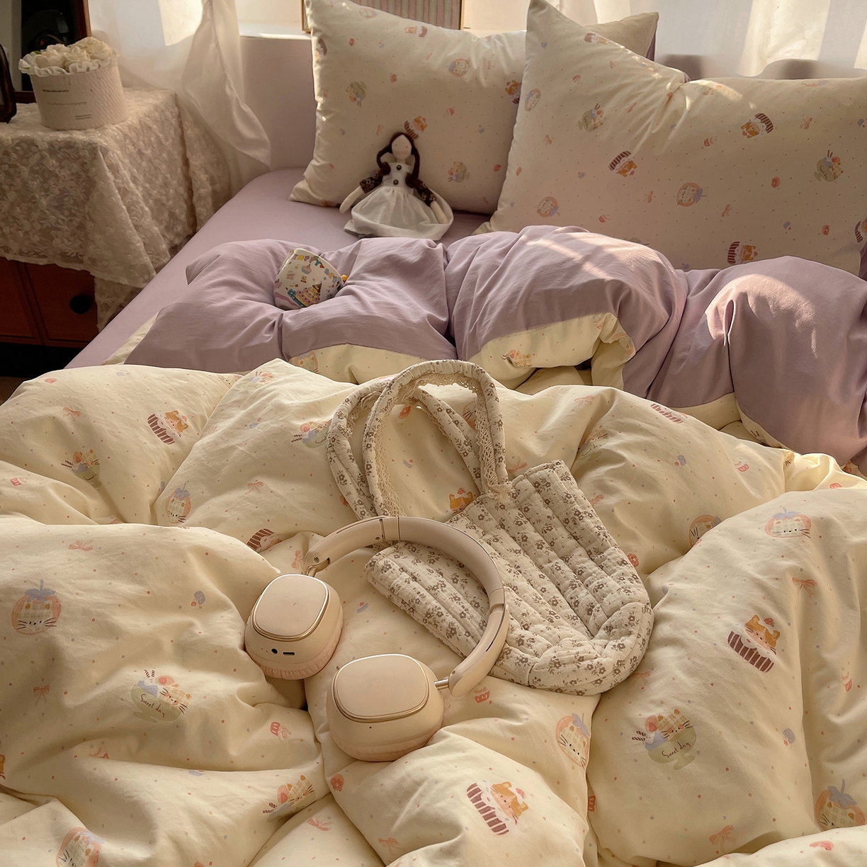 91家纺网 家纺一手货源 找家纺 沐芷 2026 【提供买家秀】古法水洗仿棉A类四件套床上用品三件套被套被罩床笠款---第一波 猫咪甜点屋