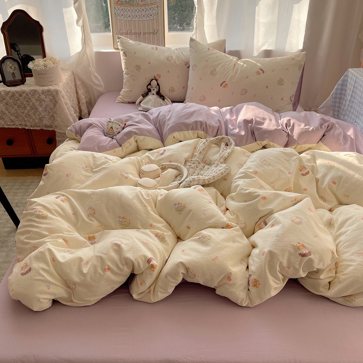 91家纺网 家纺一手货源 找家纺 沐芷 2026 【提供买家秀】古法水洗仿棉A类四件套床上用品三件套被套被罩床笠款---第一波 猫咪甜点屋