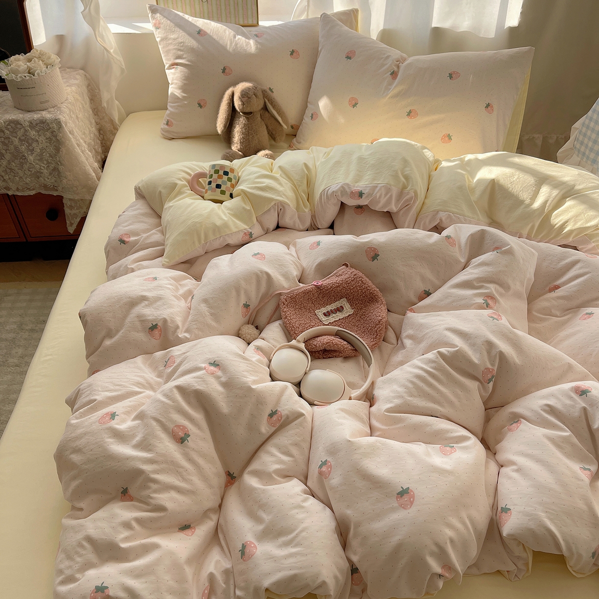 91家纺网 家纺一手货源 找家纺 沐芷 2026 【提供买家秀】古法水洗仿棉A类四件套床上用品三件套被套被罩床笠款---第一波 草莓啵啵