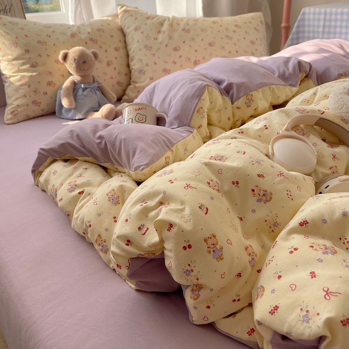 91家纺网 家纺一手货源 找家纺 沐芷 2026 【提供买家秀】古法水洗仿棉A类四件套床上用品三件套被套被罩床笠款---第一波 甜心紫熊