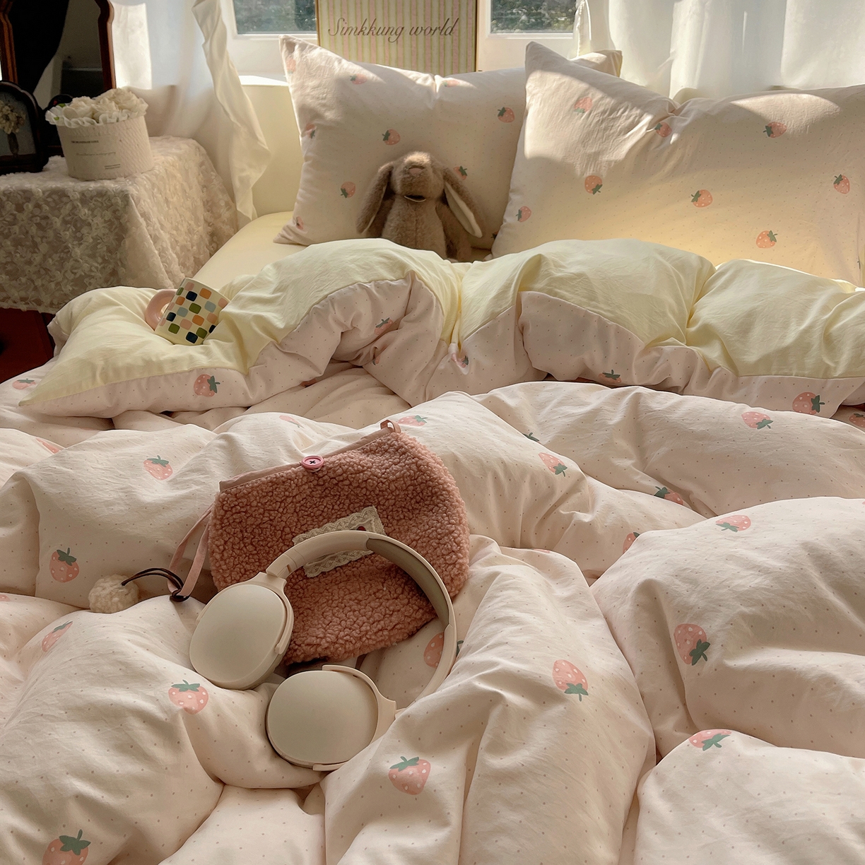 91家纺网 家纺一手货源 找家纺 沐芷 2026 【提供买家秀】古法水洗仿棉A类四件套床上用品三件套被套被罩床笠款---第一波 草莓啵啵