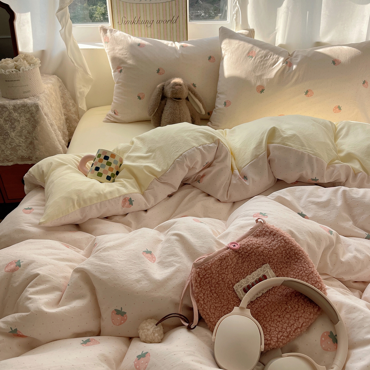 91家纺网 家纺一手货源 找家纺 沐芷 2026 【提供买家秀】古法水洗仿棉A类四件套床上用品三件套被套被罩床笠款---第一波 草莓啵啵