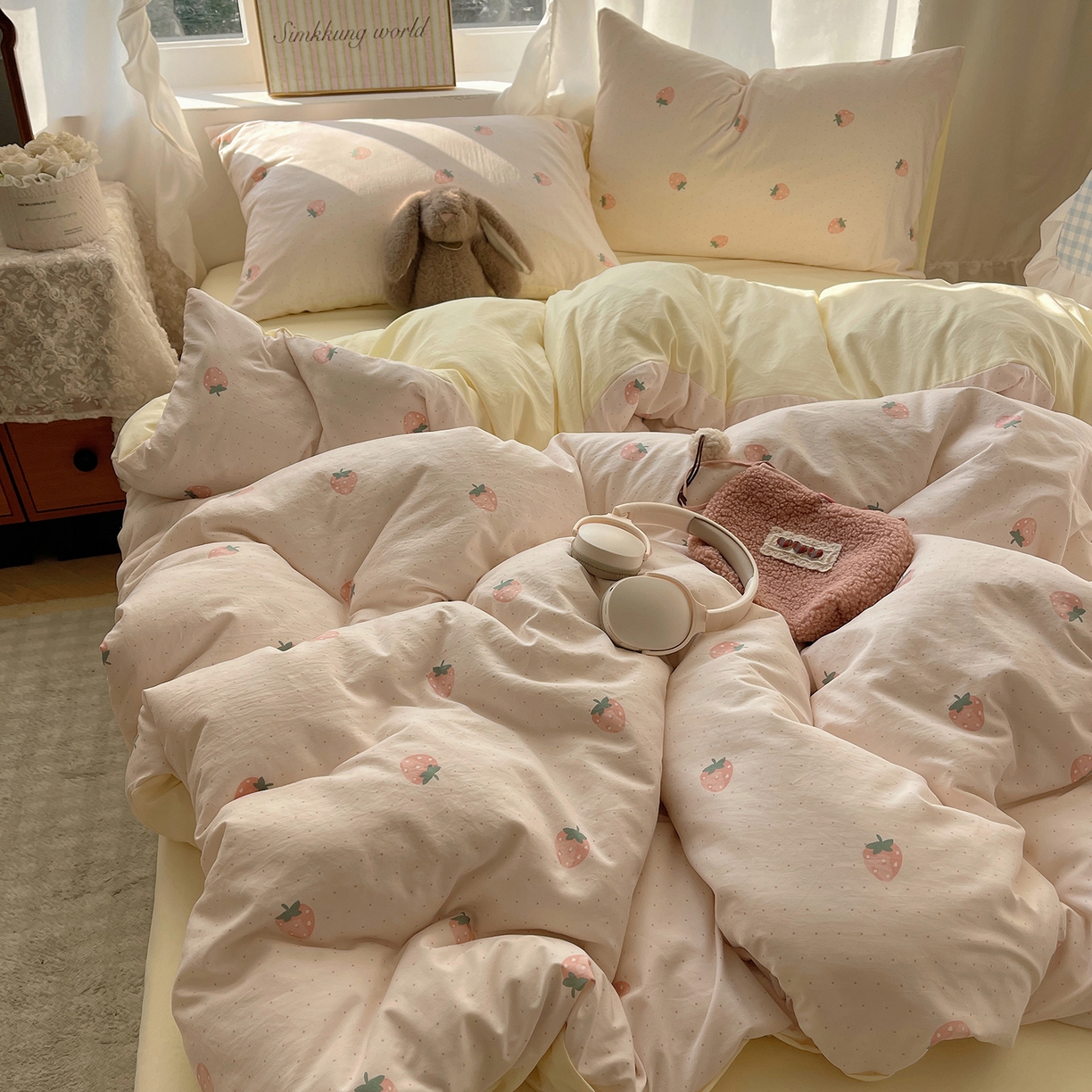 91家纺网 家纺一手货源 找家纺 沐芷 2026 【提供买家秀】古法水洗仿棉A类四件套床上用品三件套被套被罩床笠款---第一波 草莓啵啵