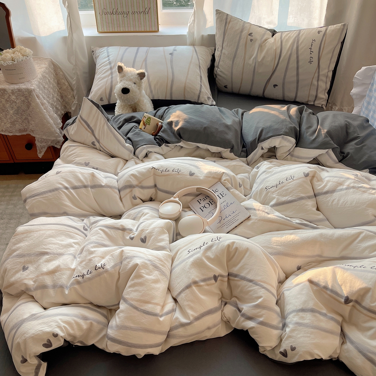 91家纺网 家纺一手货源 找家纺 沐芷 2026 【提供买家秀】古法水洗仿棉A类四件套床上用品三件套被套被罩床笠款---第一波 灰度情书