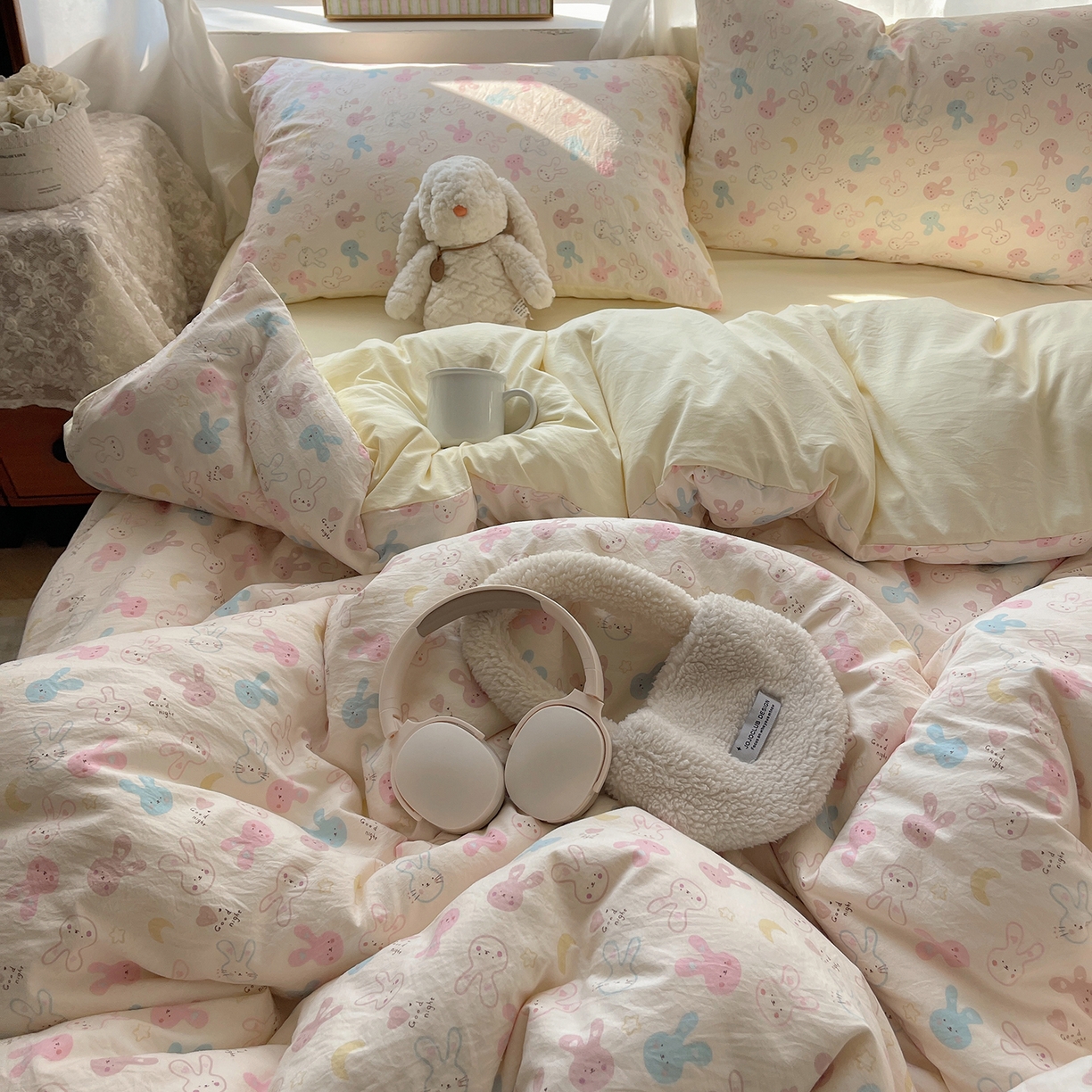 91家纺网 家纺一手货源 找家纺 沐芷 2026 【提供买家秀】古法水洗仿棉A类四件套床上用品三件套被套被罩床笠款---第一波 兔耳朵