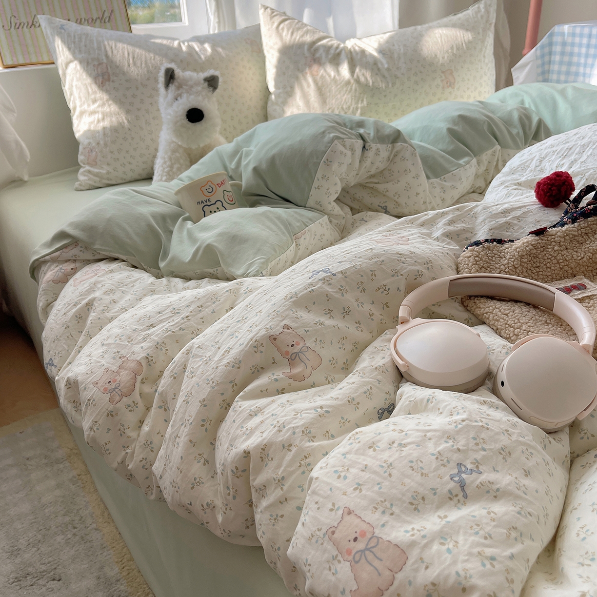 91家纺网 家纺一手货源 找家纺 沐芷 2026 【提供买家秀】古法水洗仿棉A类四件套床上用品三件套被套被罩床笠款---第一波 假日萌犬