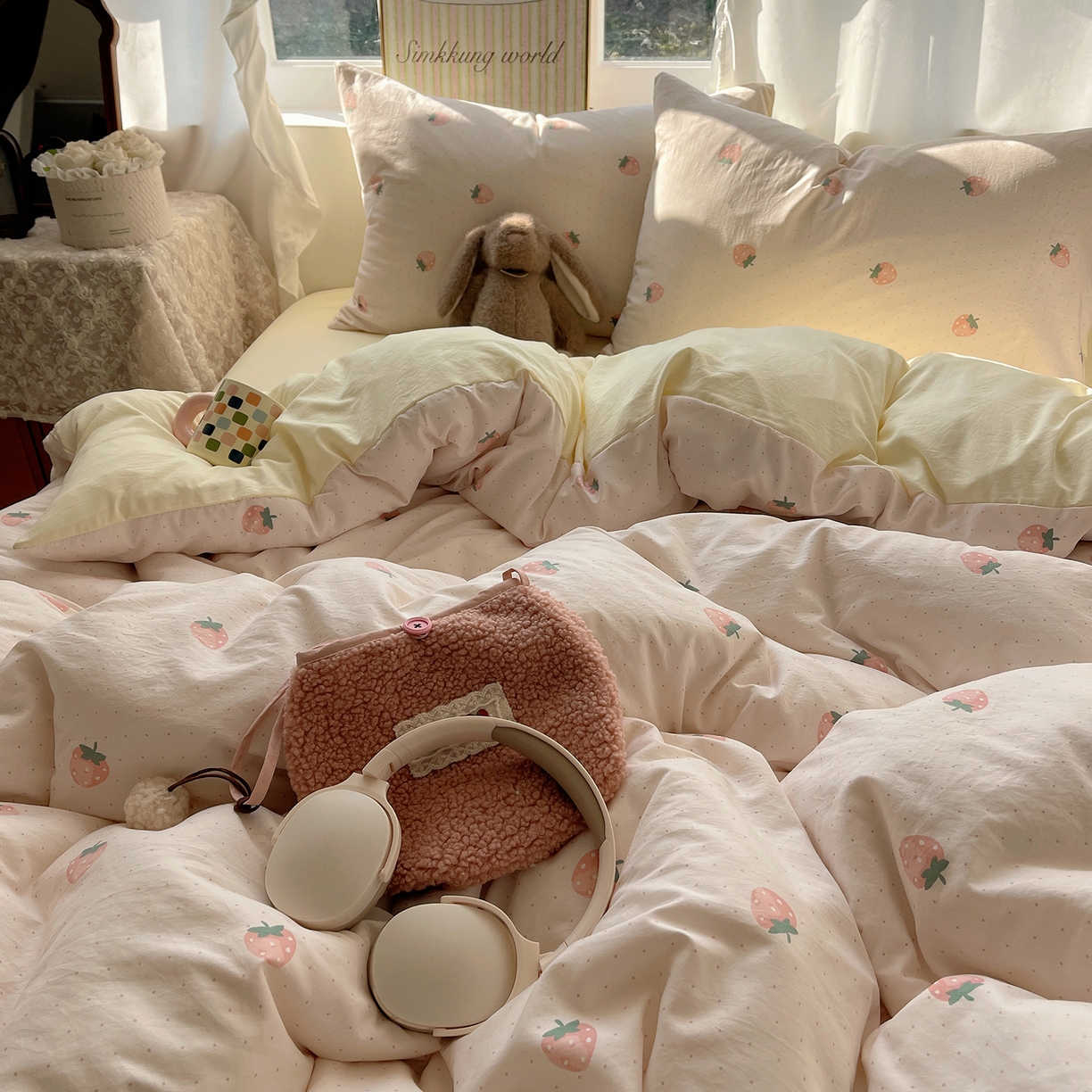 91家纺网 家纺一手货源 找家纺 沐芷 2026 【提供买家秀】古法水洗仿棉A类四件套床上用品三件套被套被罩床笠款---第一波 草莓啵啵