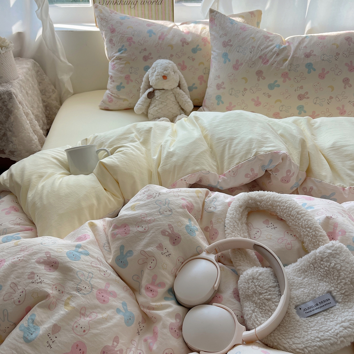 91家纺网 家纺一手货源 找家纺 沐芷 2026 【提供买家秀】古法水洗仿棉A类四件套床上用品三件套被套被罩床笠款---第一波 兔耳朵