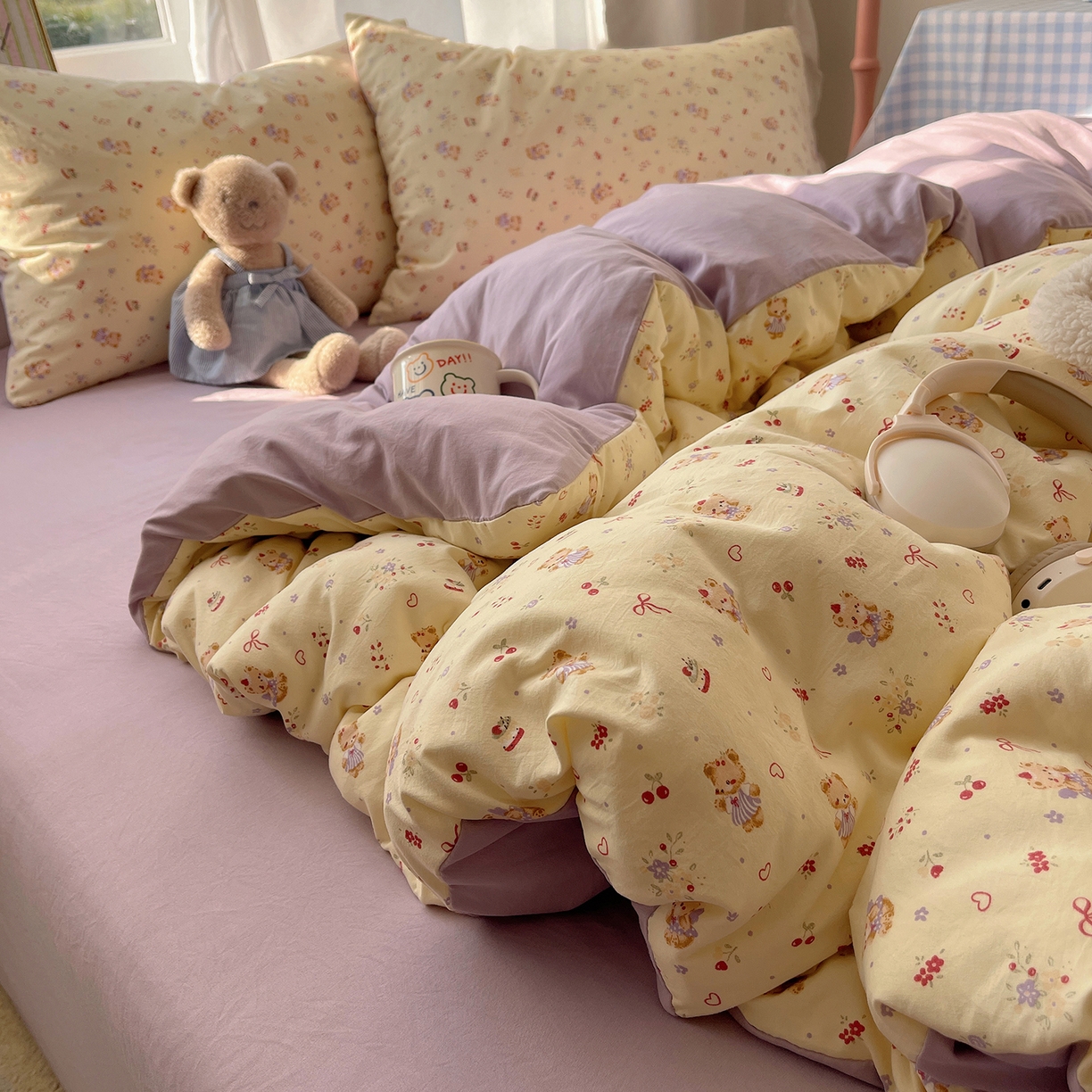 91家纺网 家纺一手货源 找家纺 沐芷 2026 【提供买家秀】古法水洗仿棉A类四件套床上用品三件套被套被罩床笠款---第一波 甜心紫熊