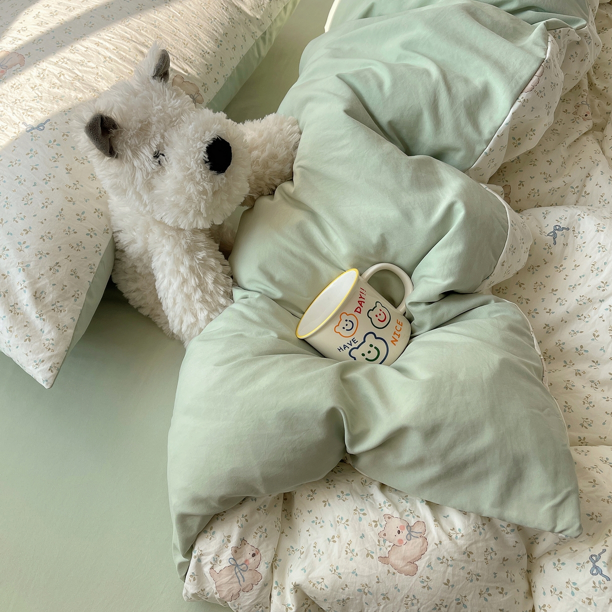 91家纺网 家纺一手货源 找家纺 沐芷 2026 【提供买家秀】古法水洗仿棉A类四件套床上用品三件套被套被罩床笠款---第一波 假日萌犬