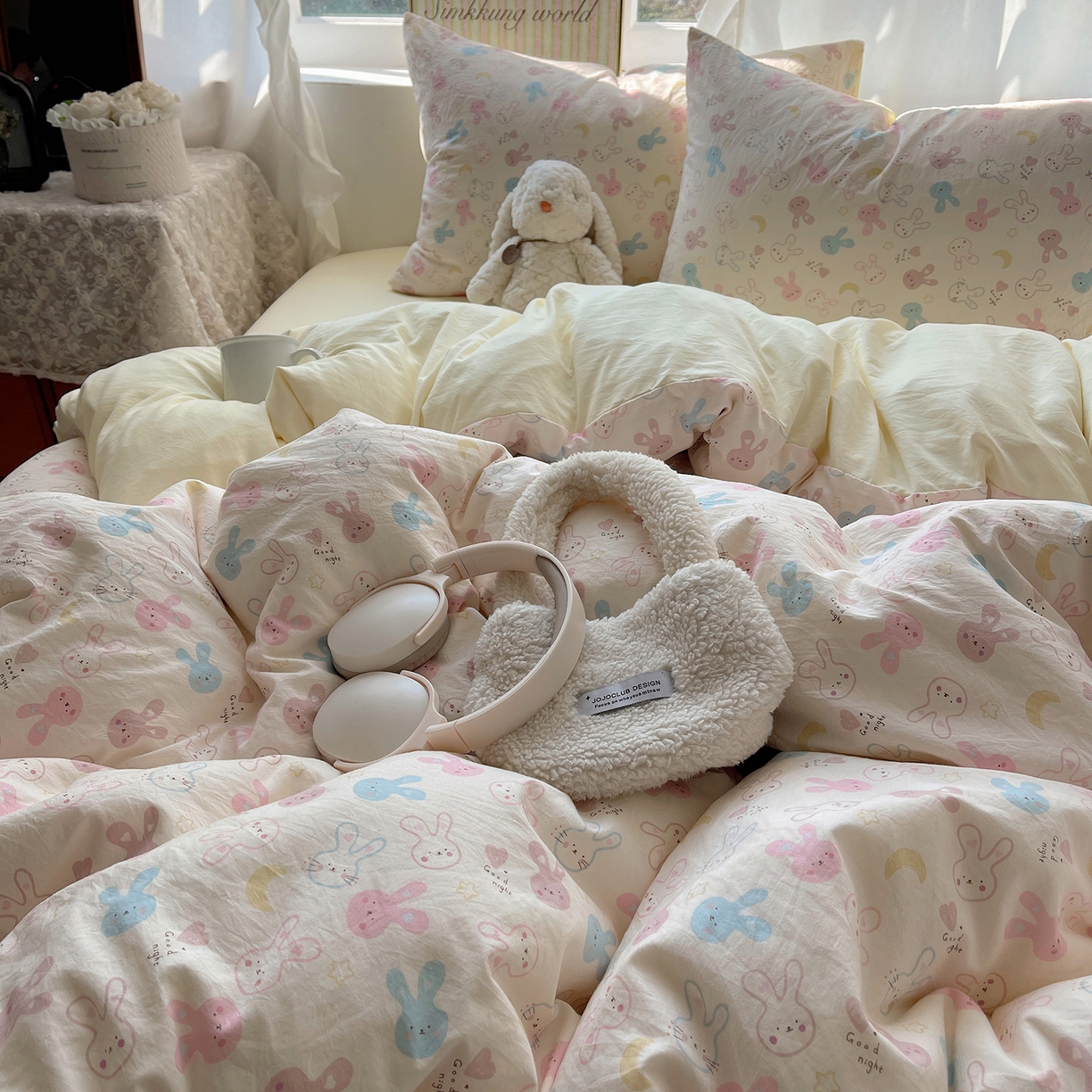 91家纺网 家纺一手货源 找家纺 沐芷 2026 【提供买家秀】古法水洗仿棉A类四件套床上用品三件套被套被罩床笠款---第一波 兔耳朵