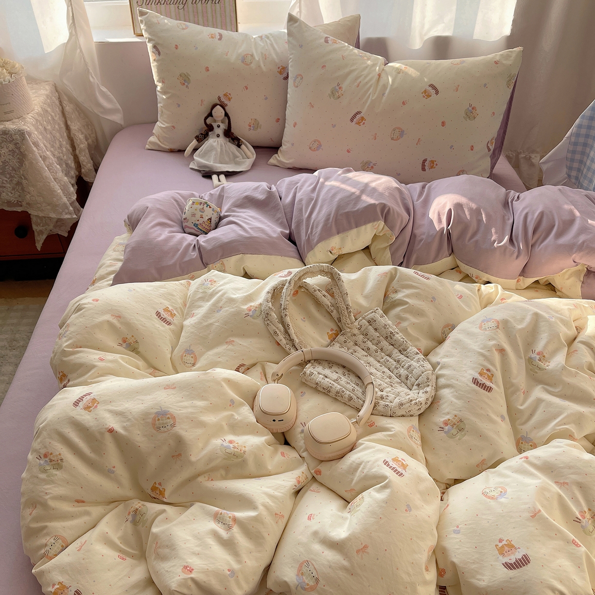 91家纺网 家纺一手货源 找家纺 沐芷 2026 【提供买家秀】古法水洗仿棉A类四件套床上用品三件套被套被罩床笠款---第一波 猫咪甜点屋