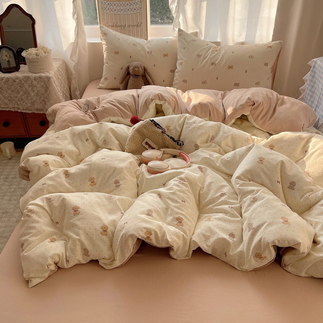 91家纺网 家纺一手货源 找家纺 沐芷 2026 【提供买家秀】古法水洗仿棉A类四件套床上用品三件套被套被罩床笠款---第一波 波点汪语