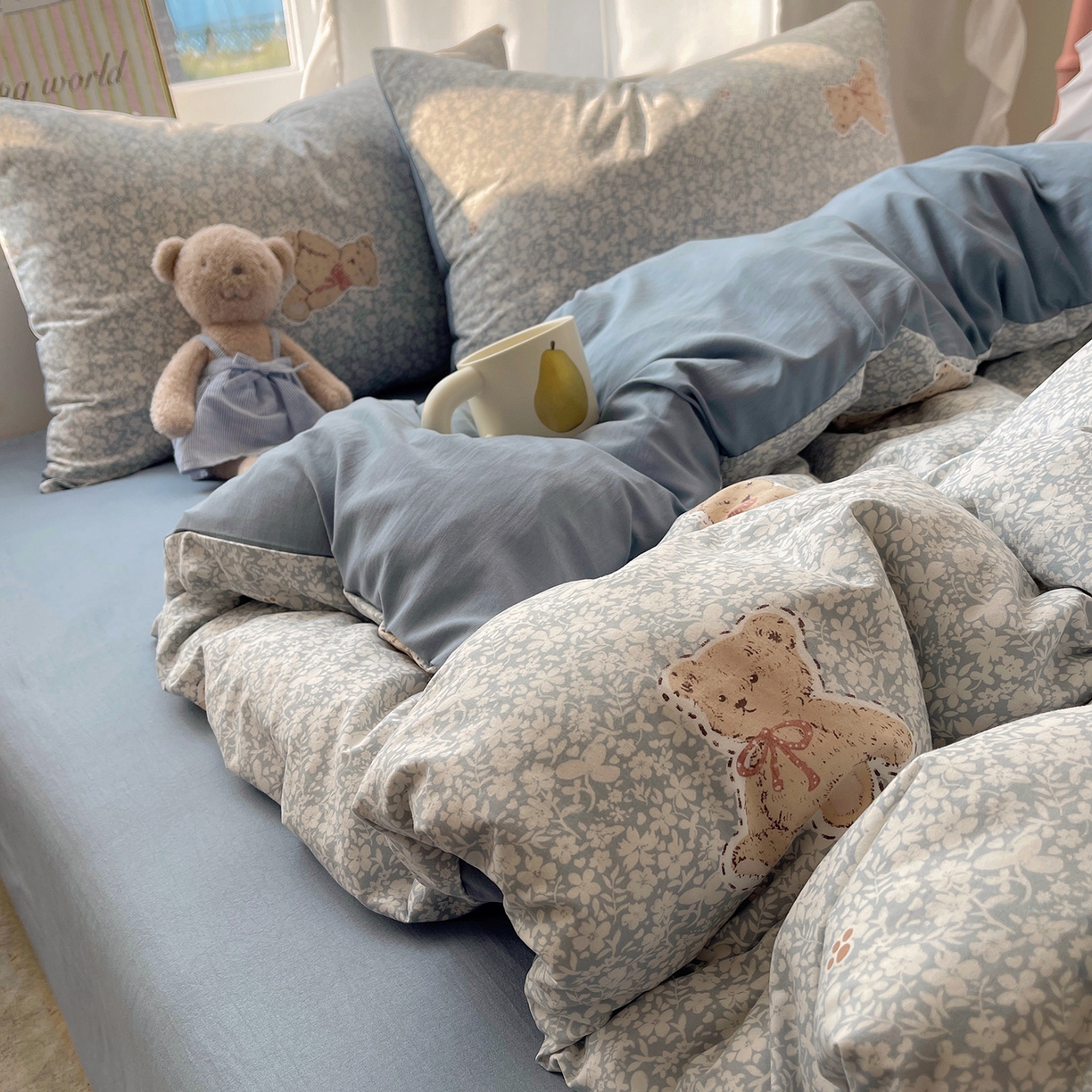 91家纺网 家纺一手货源 找家纺 沐芷 2026 【提供买家秀】古法水洗仿棉A类四件套床上用品三件套被套被罩床笠款---第一波 毛绒熊仔