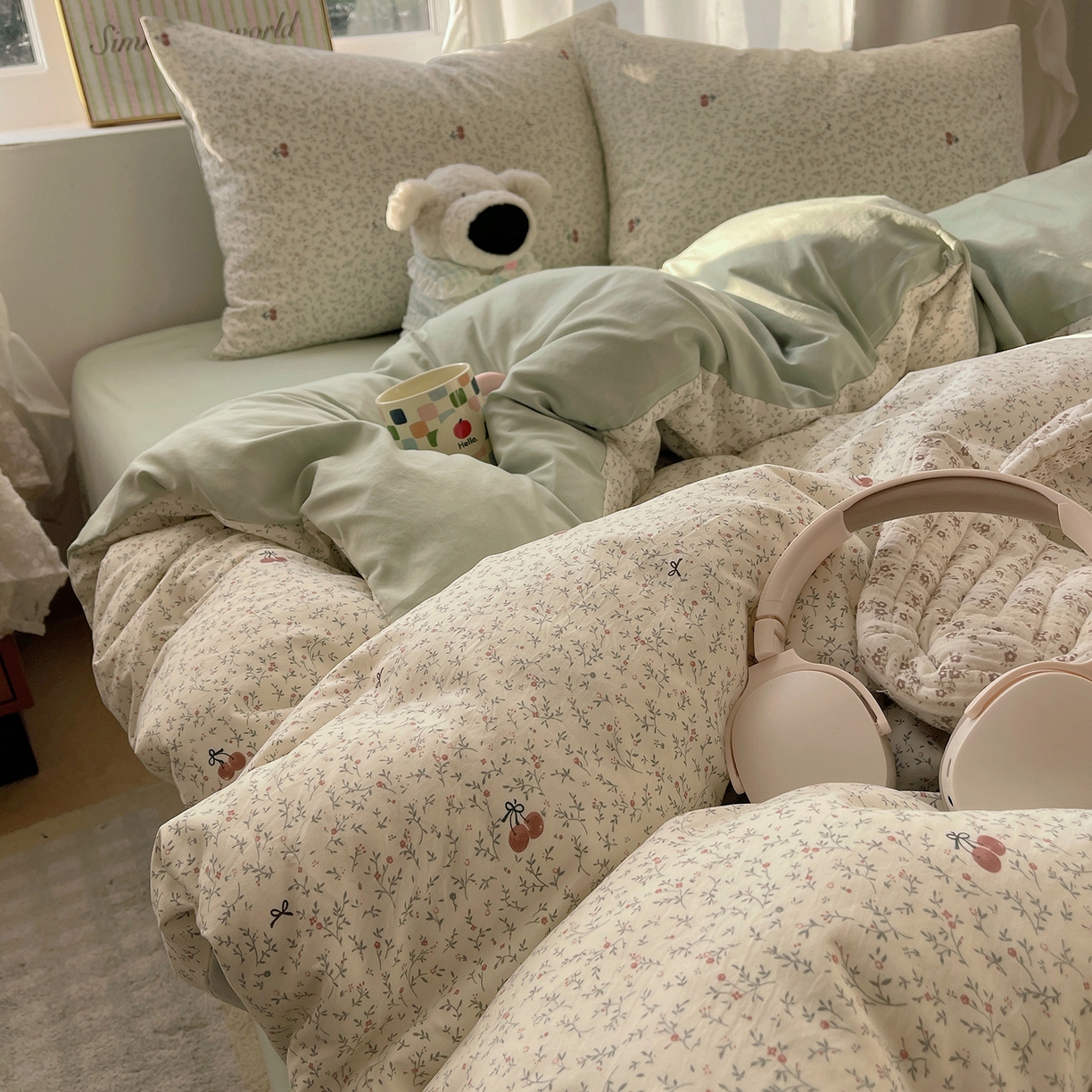 91家纺网 家纺一手货源 找家纺 沐芷 2026 【提供买家秀】古法水洗仿棉A类四件套床上用品三件套被套被罩床笠款---第一波 樱桃物语