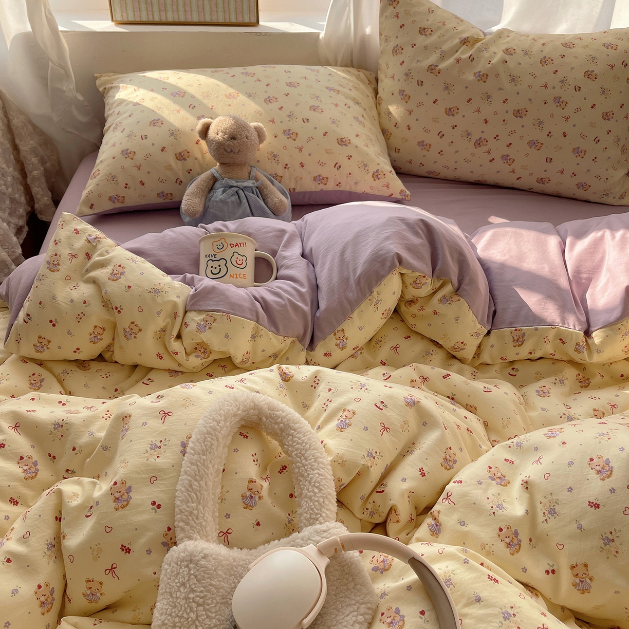 91家纺网 家纺一手货源 找家纺 沐芷 2026 【提供买家秀】古法水洗仿棉A类四件套床上用品三件套被套被罩床笠款---第一波 甜心紫熊