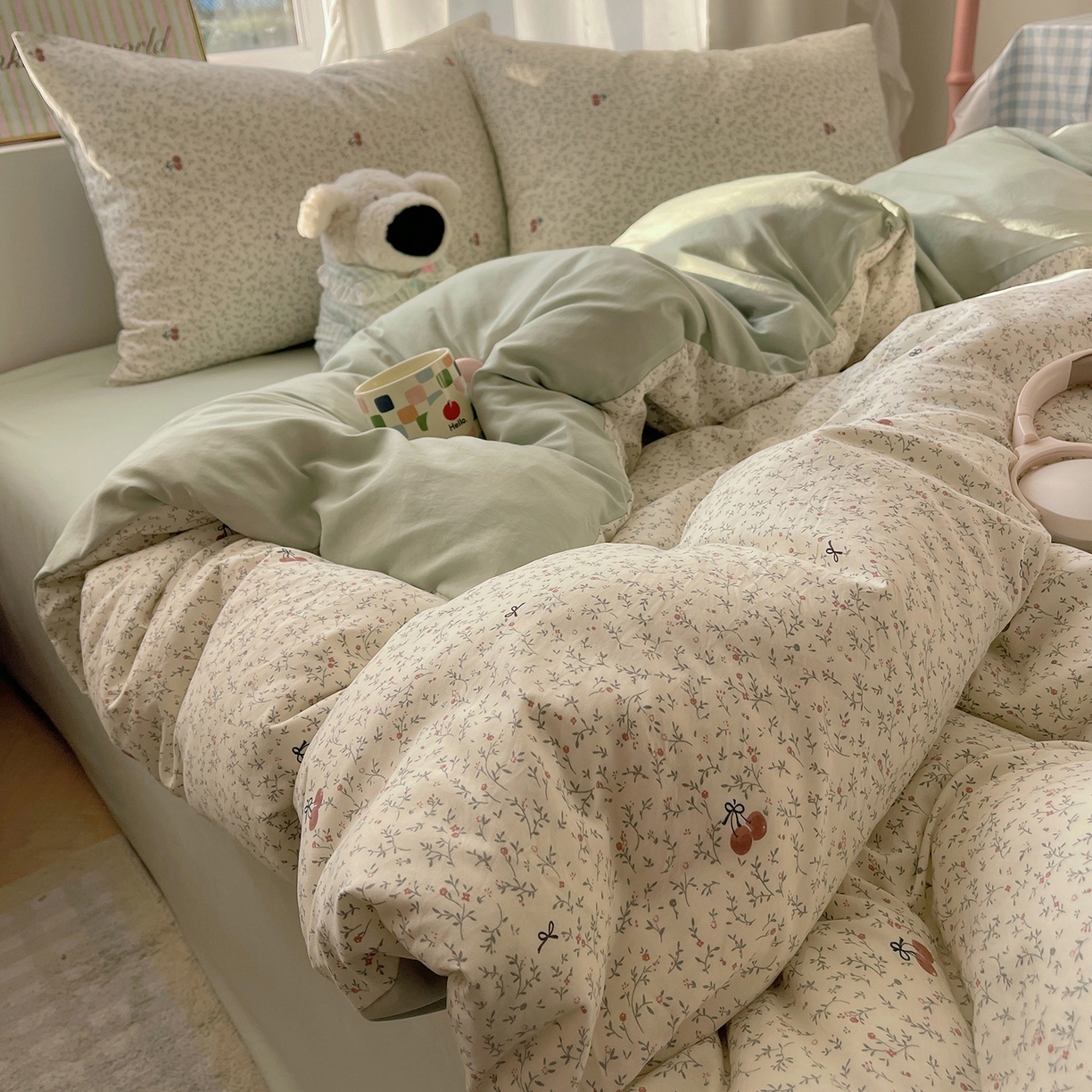 91家纺网 家纺一手货源 找家纺 沐芷 2026 【提供买家秀】古法水洗仿棉A类四件套床上用品三件套被套被罩床笠款---第一波 樱桃物语