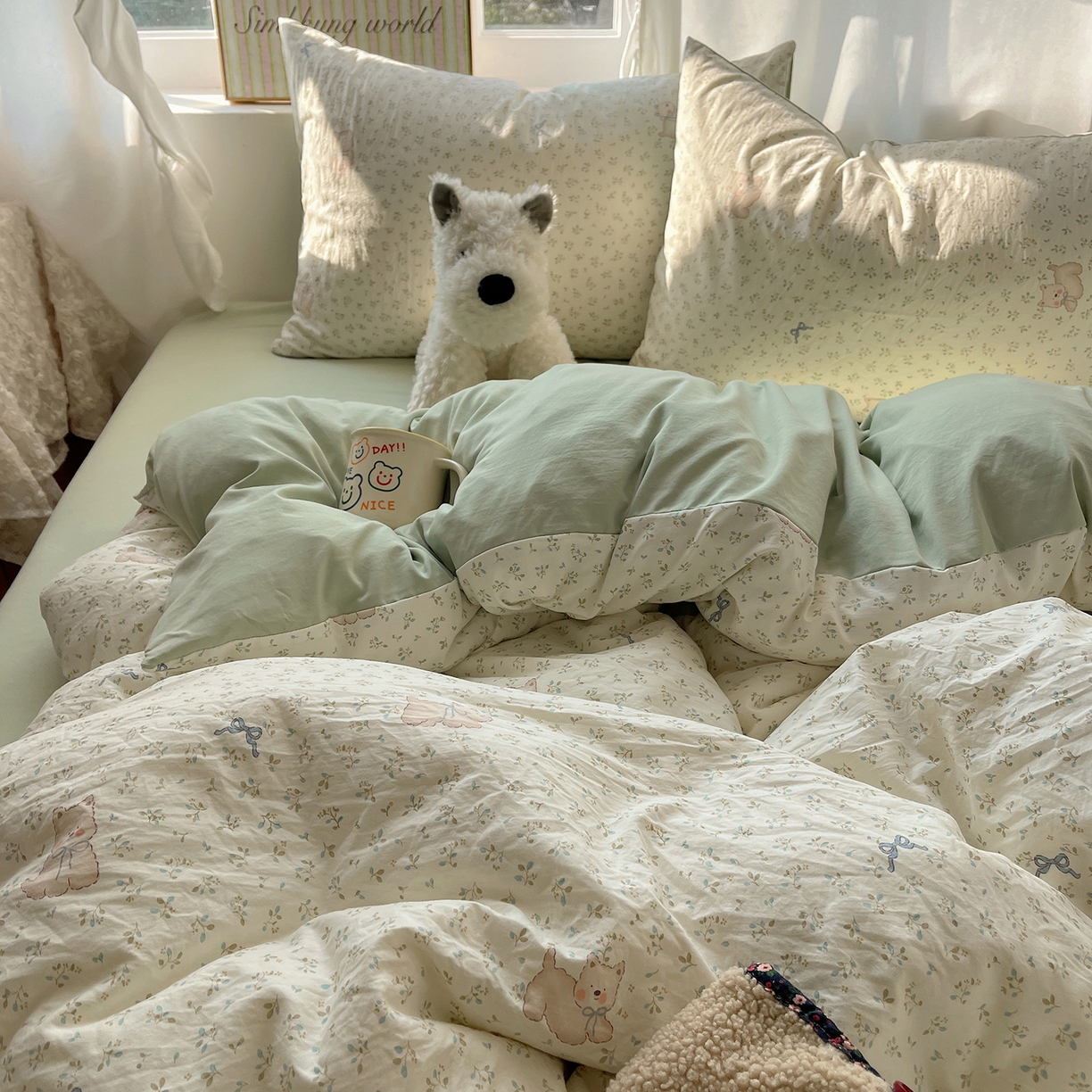 91家纺网 家纺一手货源 找家纺 沐芷 2026 【提供买家秀】古法水洗仿棉A类四件套床上用品三件套被套被罩床笠款---第一波 假日萌犬