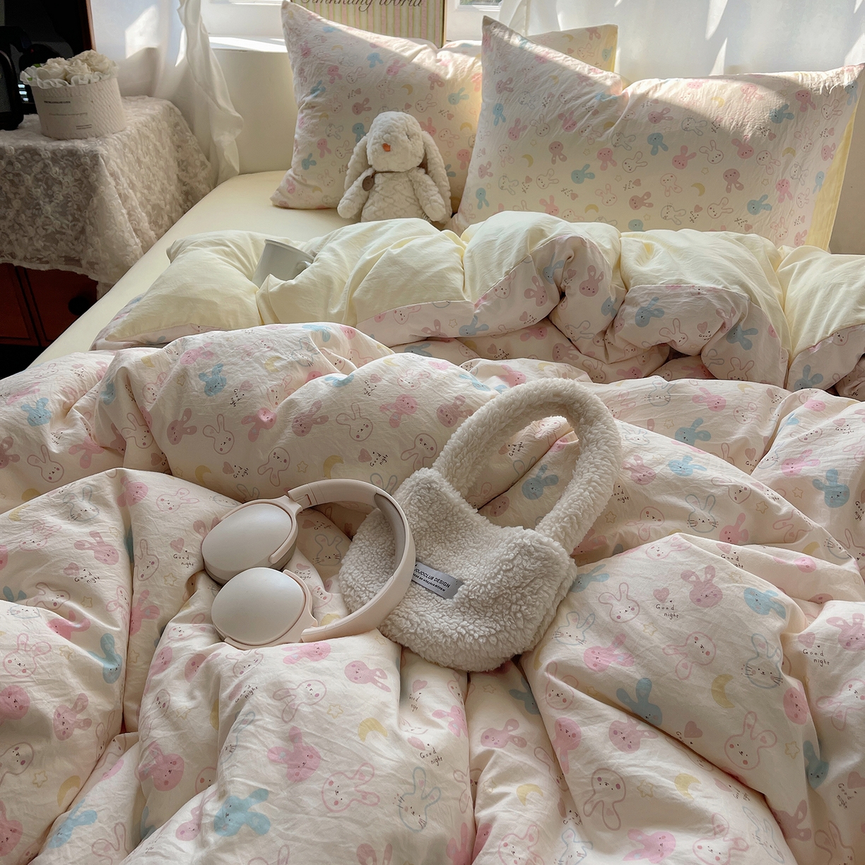 91家纺网 家纺一手货源 找家纺 沐芷 2026 【提供买家秀】古法水洗仿棉A类四件套床上用品三件套被套被罩床笠款---第一波 兔耳朵