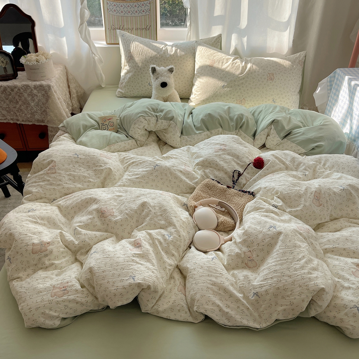 91家纺网 家纺一手货源 找家纺 沐芷 2026 【提供买家秀】古法水洗仿棉A类四件套床上用品三件套被套被罩床笠款---第一波 假日萌犬