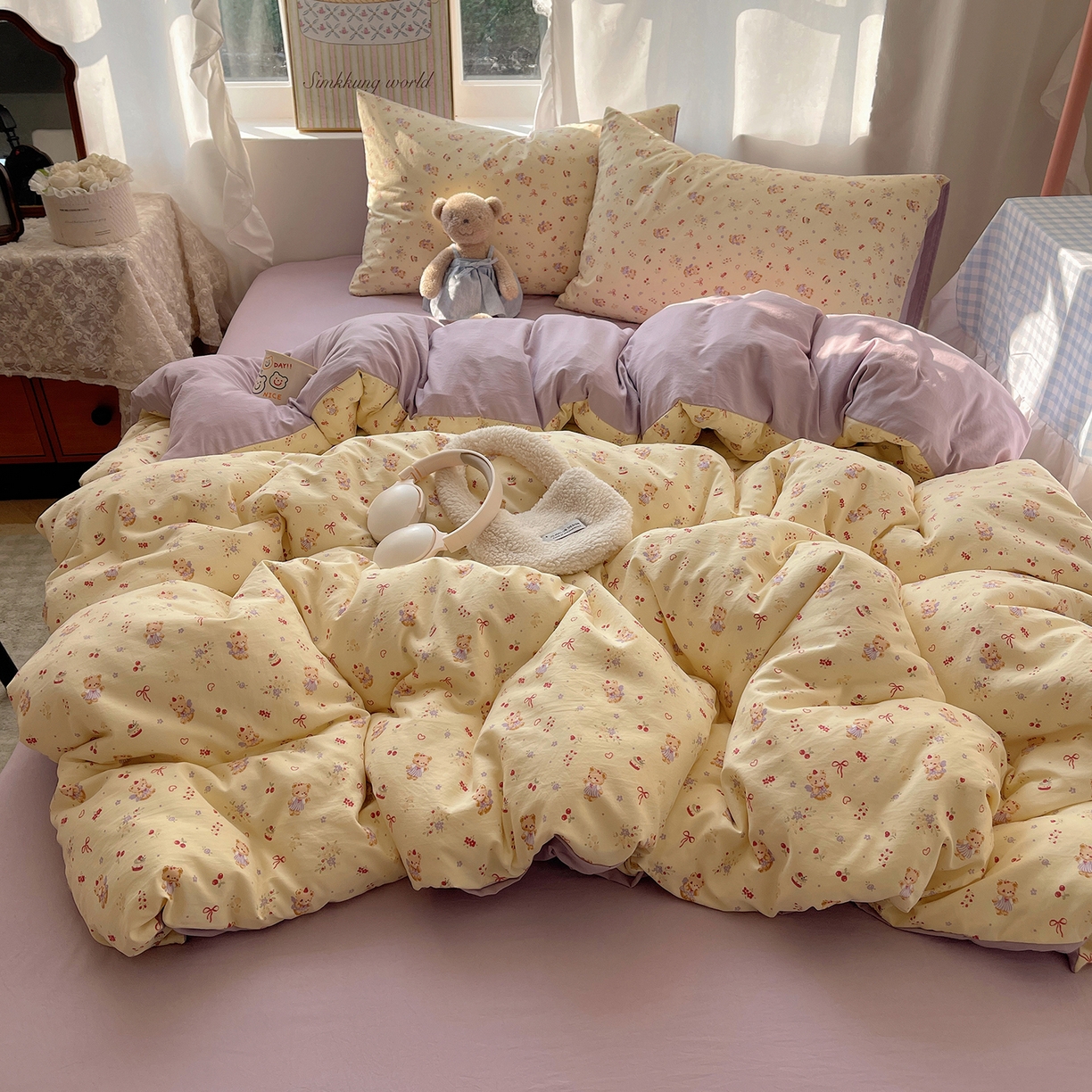 91家纺网 家纺一手货源 找家纺 沐芷 2026 【提供买家秀】古法水洗仿棉A类四件套床上用品三件套被套被罩床笠款---第一波 甜心紫熊