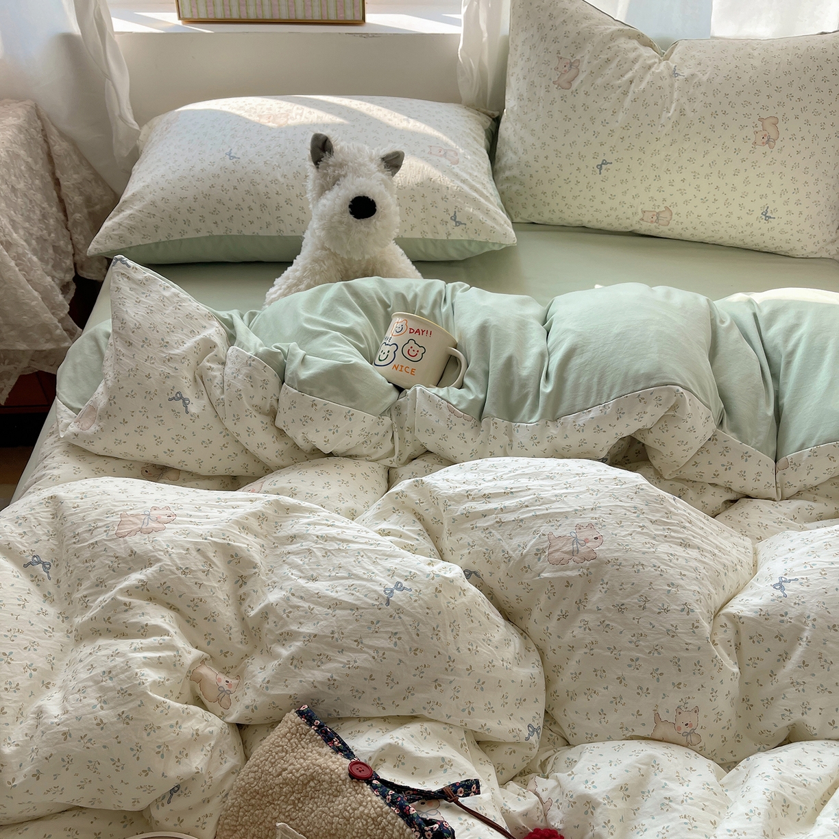 91家纺网 家纺一手货源 找家纺 沐芷 2026 【提供买家秀】古法水洗仿棉A类四件套床上用品三件套被套被罩床笠款---第一波 假日萌犬