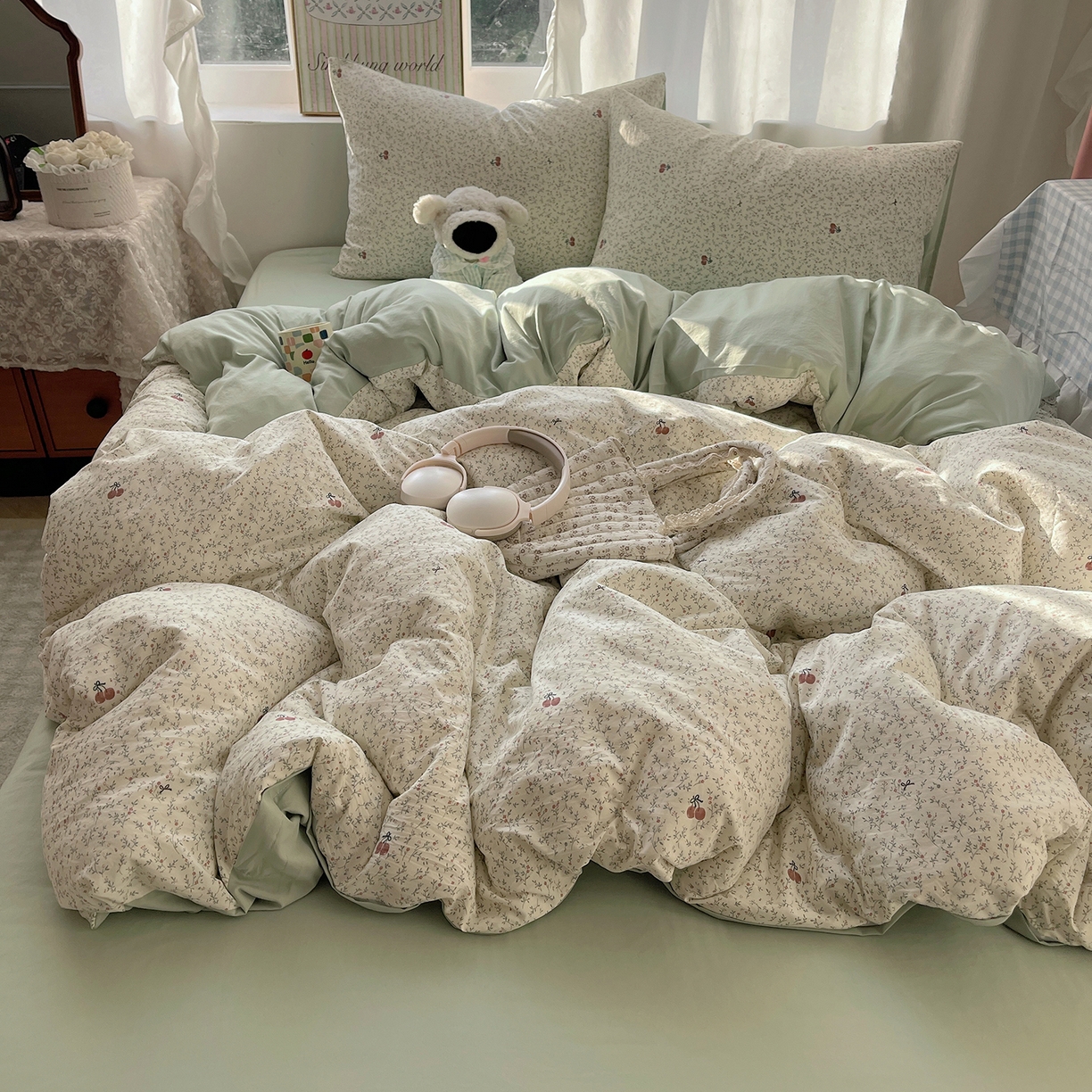 91家纺网 家纺一手货源 找家纺 沐芷 2026 【提供买家秀】古法水洗仿棉A类四件套床上用品三件套被套被罩床笠款---第一波 樱桃物语