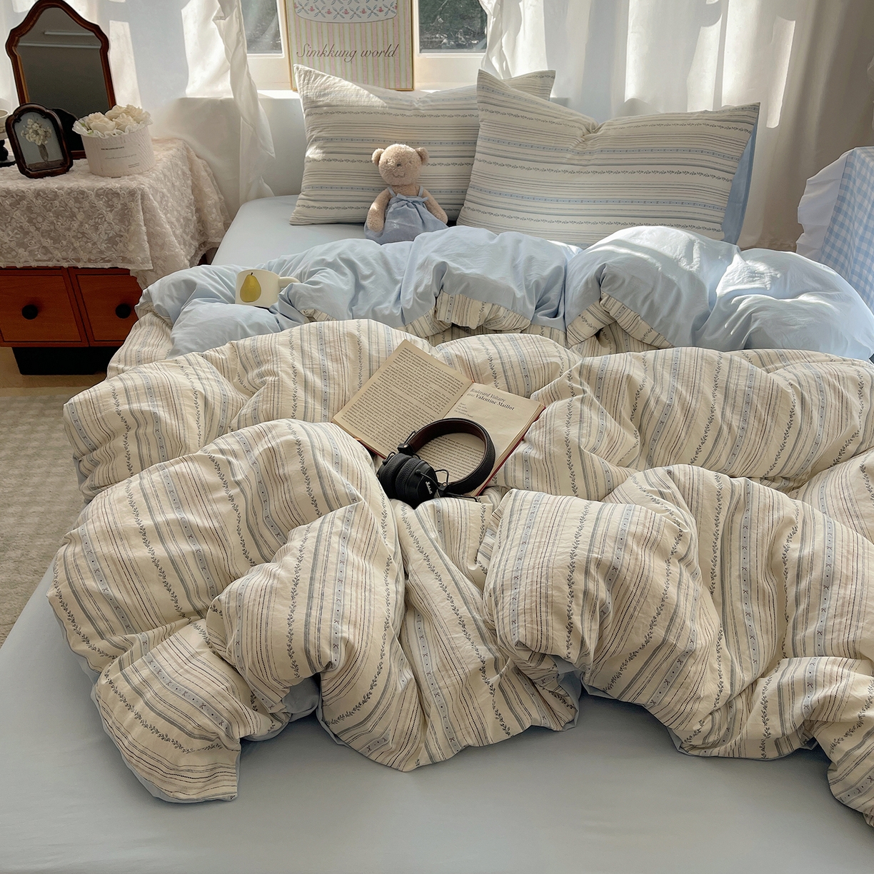 91家纺网 家纺一手货源 找家纺 沐芷 2026 【提供买家秀】古法水洗仿棉A类四件套床上用品三件套被套被罩床笠款---第一波 蓝调序曲