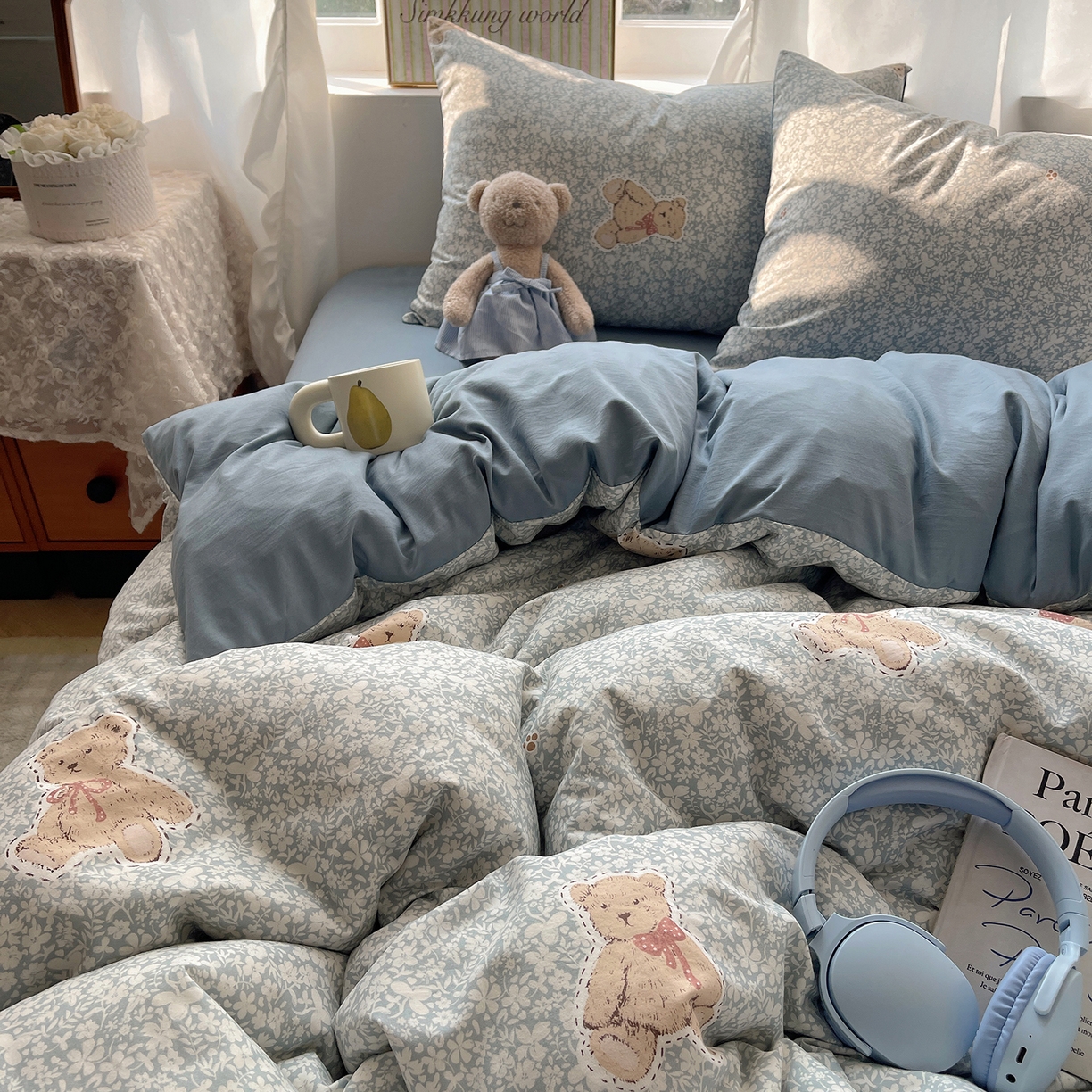 91家纺网 家纺一手货源 找家纺 沐芷 2026 【提供买家秀】古法水洗仿棉A类四件套床上用品三件套被套被罩床笠款---第一波 毛绒熊仔