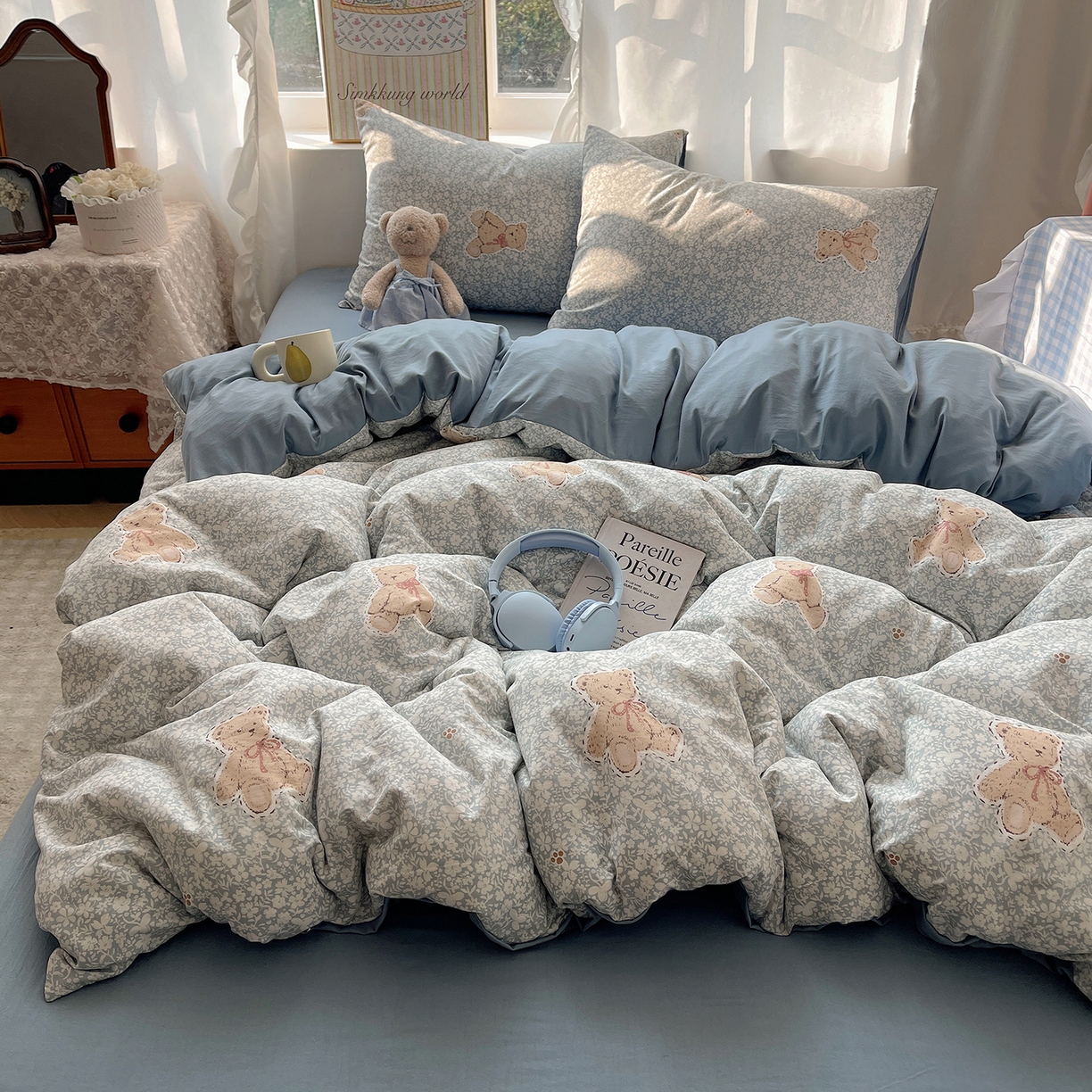 91家纺网 家纺一手货源 找家纺 沐芷 2026 【提供买家秀】古法水洗仿棉A类四件套床上用品三件套被套被罩床笠款---第一波 毛绒熊仔