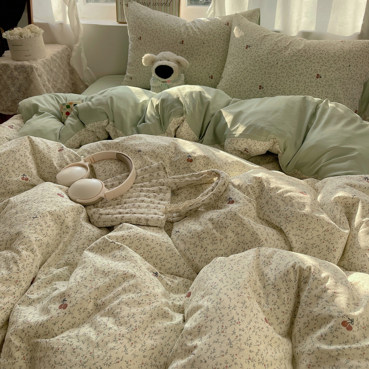 91家纺网 家纺一手货源 找家纺 沐芷 2026 【提供买家秀】古法水洗仿棉A类四件套床上用品三件套被套被罩床笠款---第一波 樱桃物语