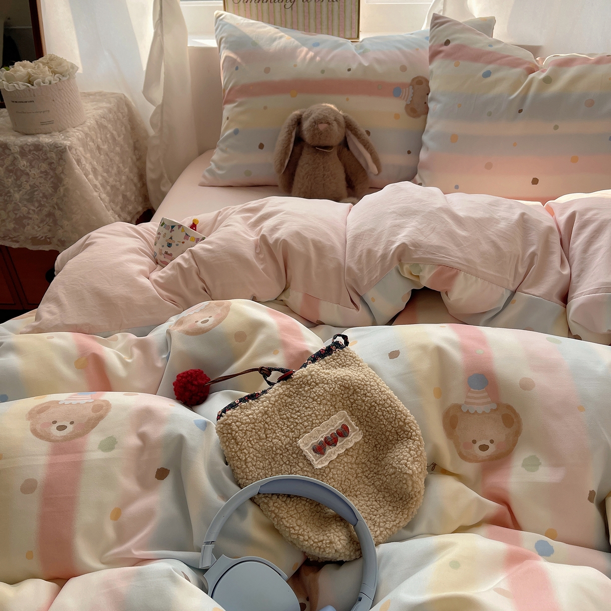 91家纺网 家纺一手货源 找家纺 沐芷 2026 【提供买家秀】古法水洗仿棉A类四件套床上用品三件套被套被罩床笠款---第一波 暖意小熊