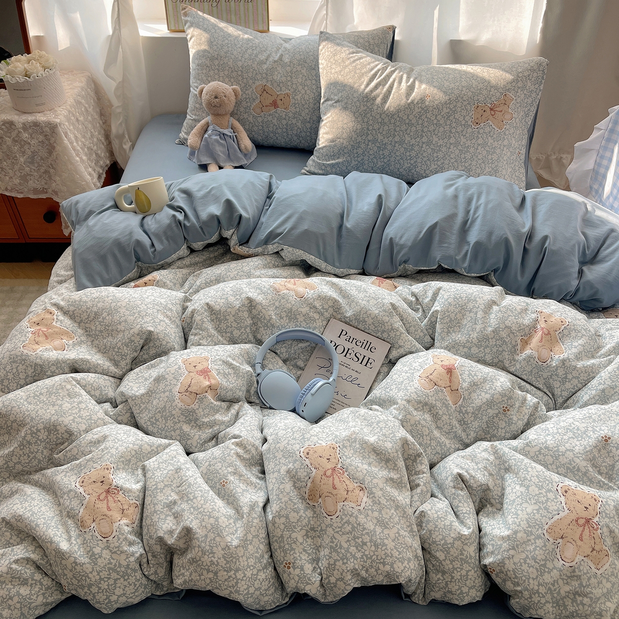 91家纺网 家纺一手货源 找家纺 沐芷 2026 【提供买家秀】古法水洗仿棉A类四件套床上用品三件套被套被罩床笠款---第一波 毛绒熊仔