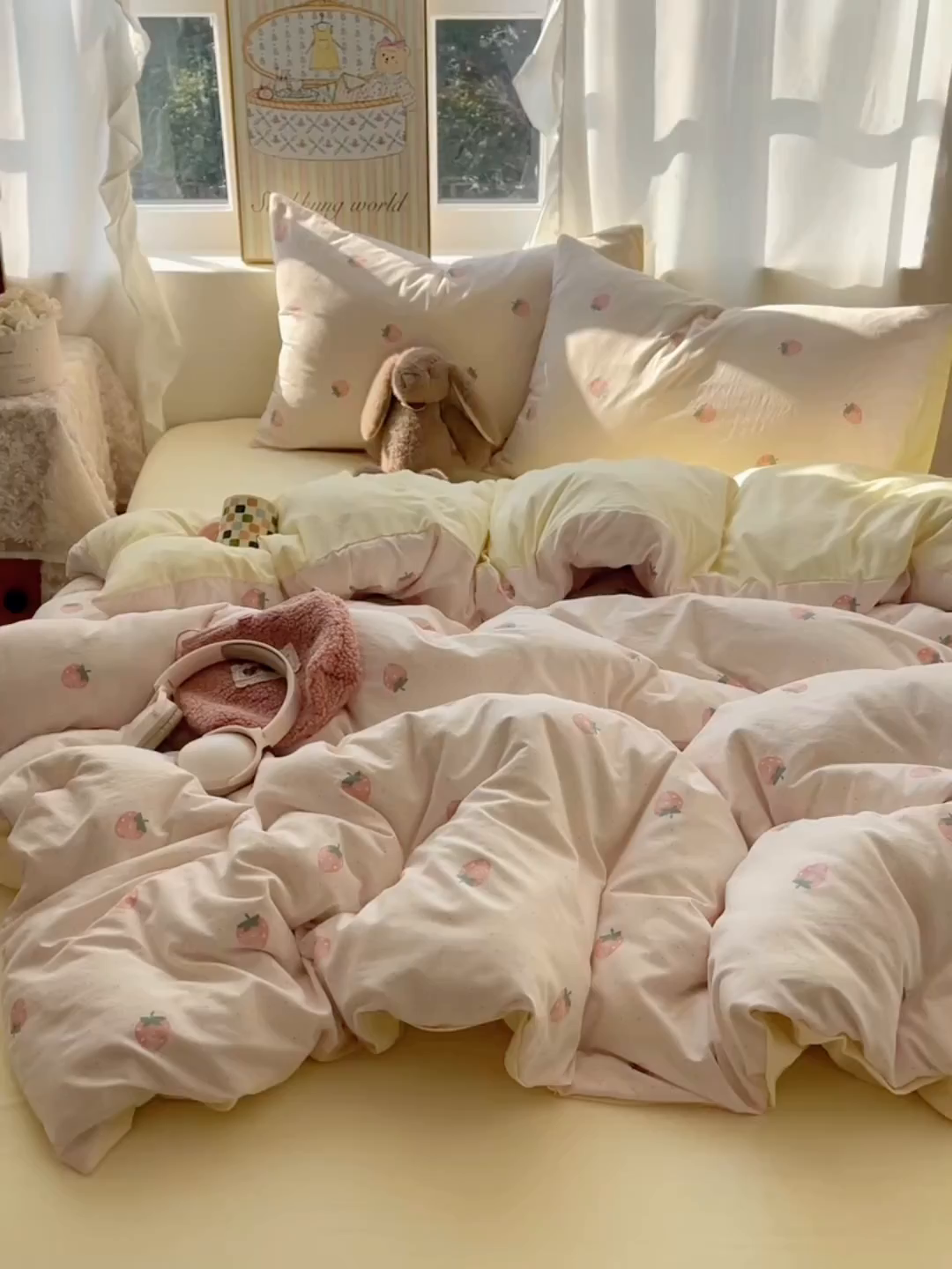 91家纺网 家纺一手货源 找家纺 沐芷 2026 【提供买家秀】古法水洗仿棉A类四件套床上用品三件套被套被罩床笠款---第一波 草莓啵啵